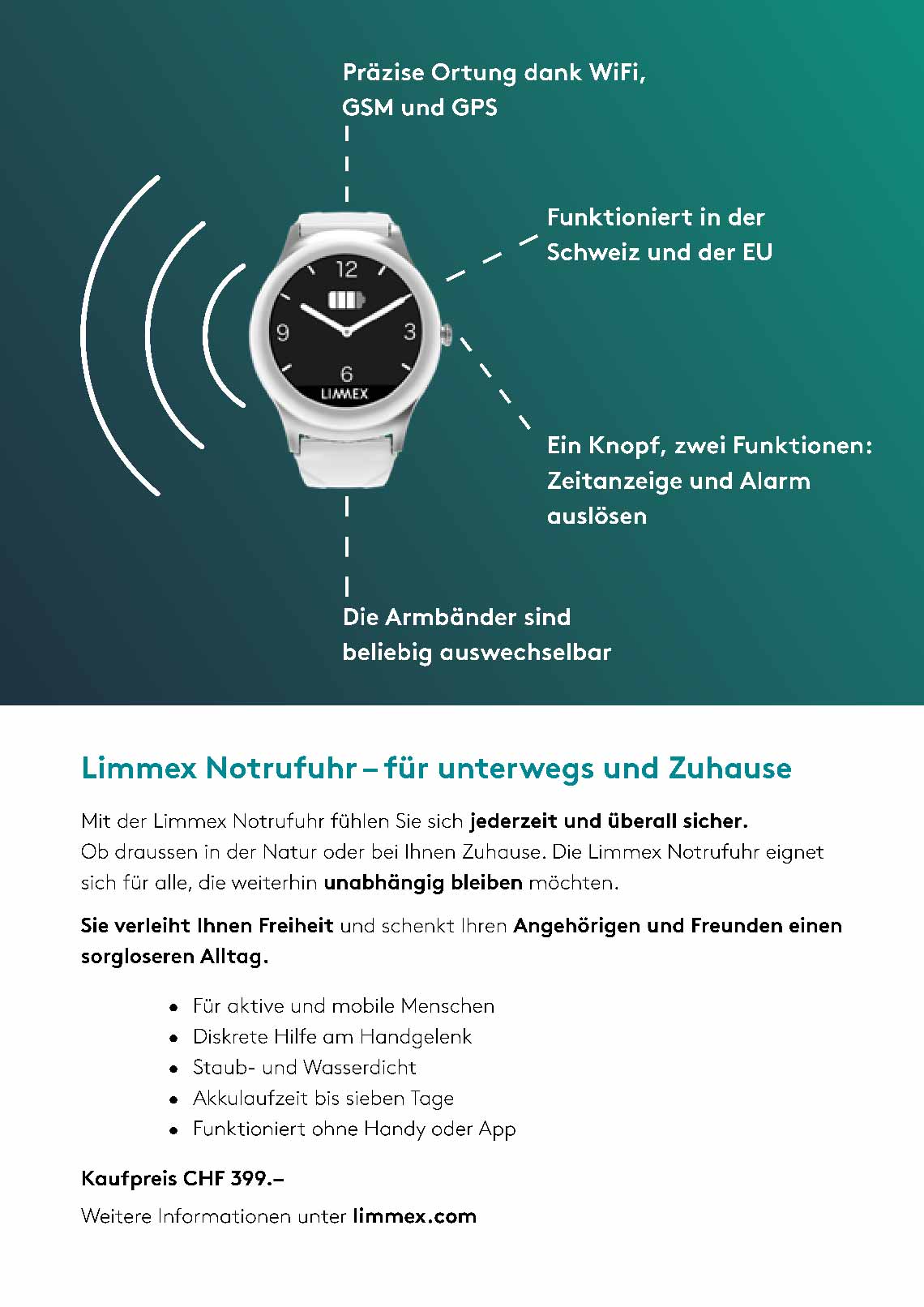 Flyer fü&uuml;r eine Notrufuhr, R&uuml;ckseite